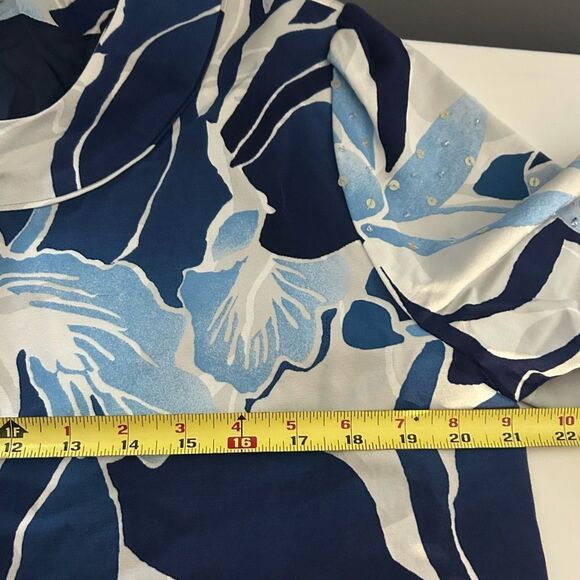 Chico's Ice Garden Frannie Ink White Blue Silk Cotton Sequin Blazer Size L 12 - Picture 6 of 9